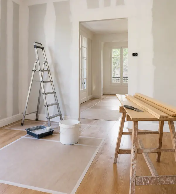 Pièce en rénovation soignée : cloisons neuves, escabeau, rouleau et tréteau sur un parquet protégé