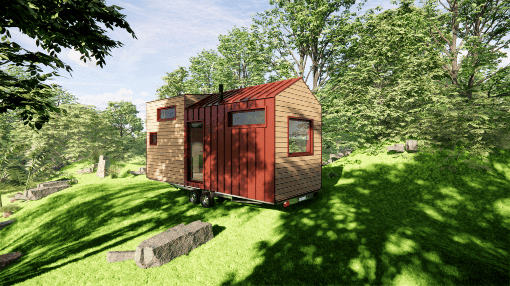 tiny house avec toit bipente et bardage aluminium couleur tuile
