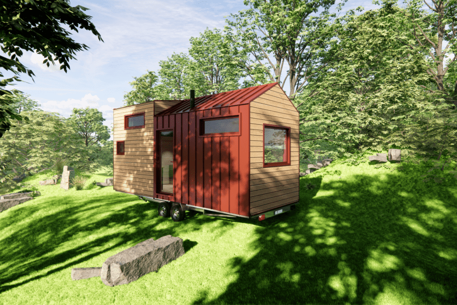 tiny house sur mesure avec toit bipente et bardage aluminium couleur tuile