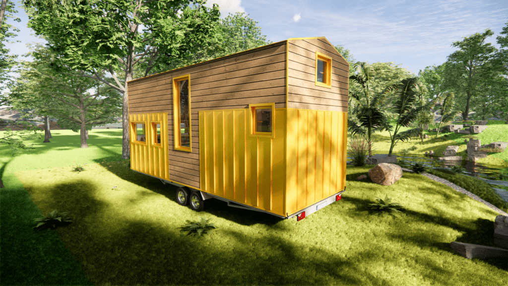 tiny house sur mesure avec bow window et bardage aluminium jaune