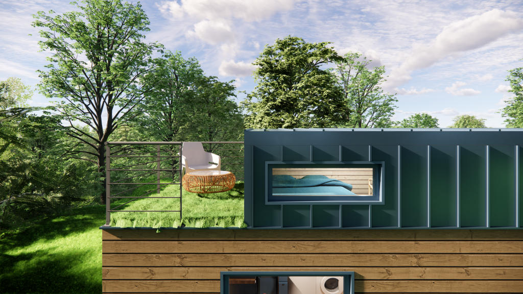 tiny house toit terrasse la Georgette dans un environnement naturel