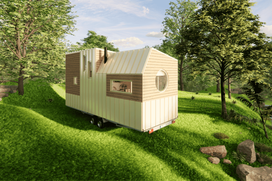 rendu 3D de la tiny house la Paulette : vue extérieure dans un environnement naturel