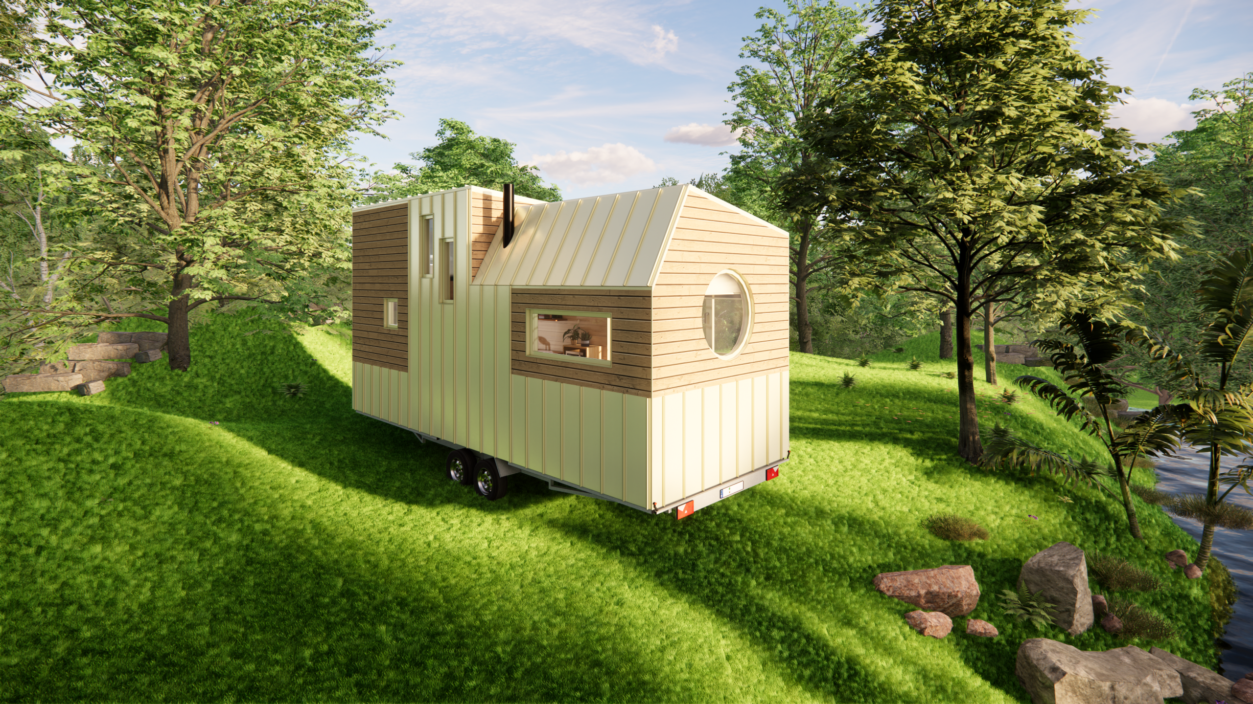 rendu 3D de la tiny house la Paulette : vue extérieure dans un environnement naturel