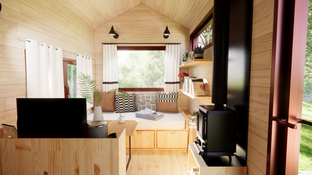 tiny house toit bipente la Lucette avec salon meublé et poêle à bois