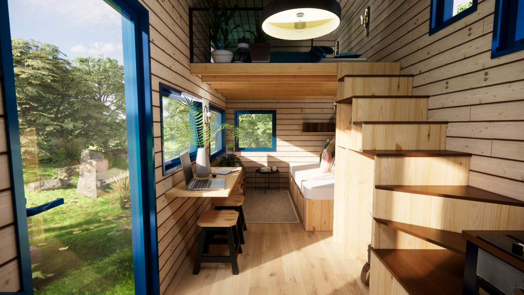 petite tiny house écologique salon avec table comptoir