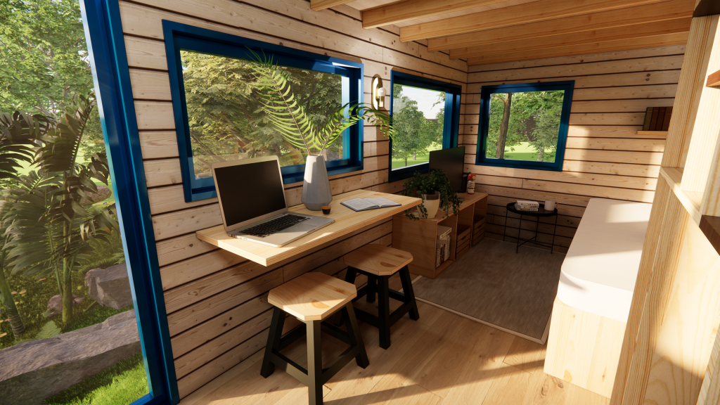 petite tiny house écologique avec bureau dans le salon