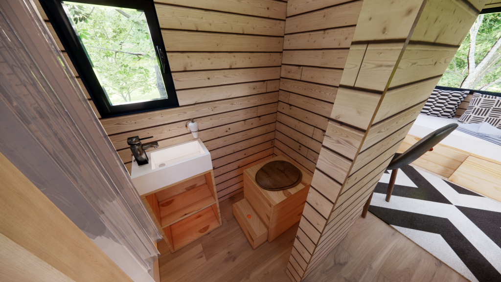 tiny house chambre fermée la Perrette avec salle de bain contenant une douche, des toilettes sèches et une vasque sur meuble