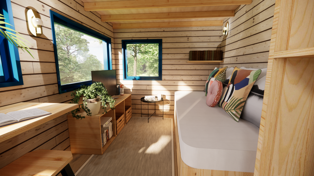 petite tiny house écologique avec canapé et télévision