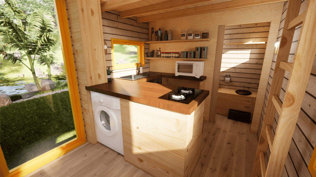cuisine équipée en angle dans une tinyhouse