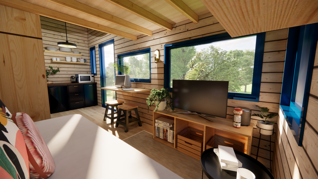 petite tiny house écologique salon avec télévision
