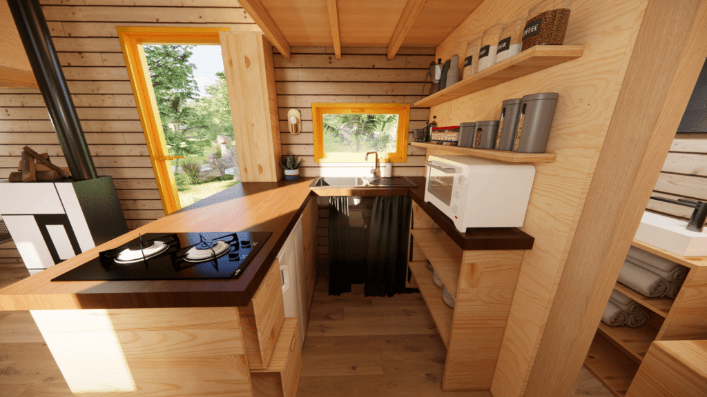 mini maison bois avec une cuisine équipée en angle