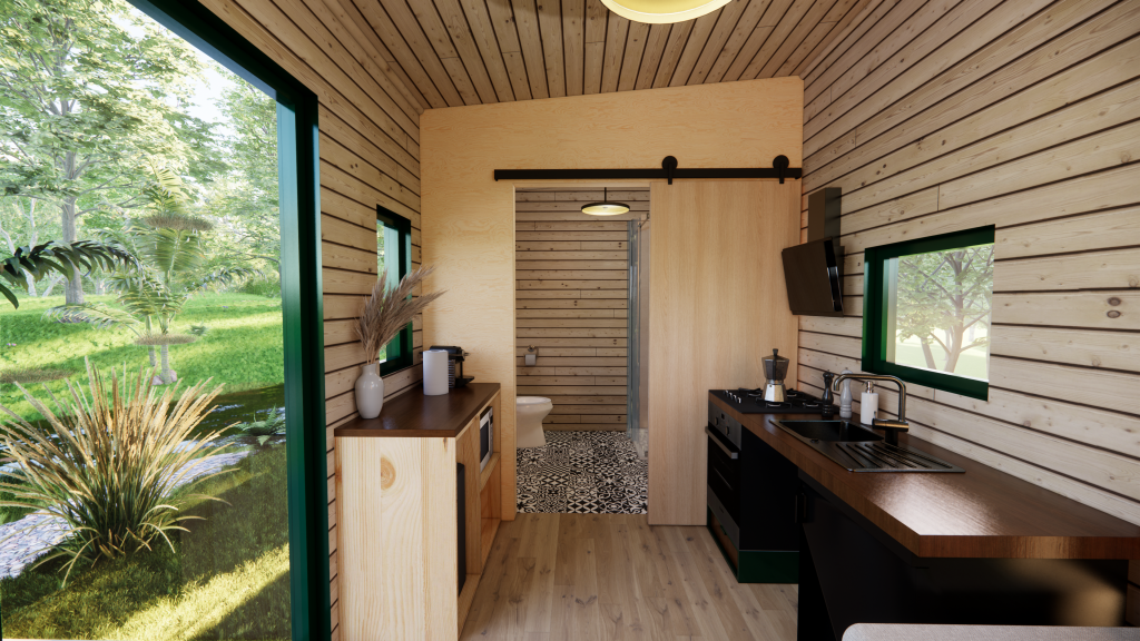 rendu 3D aménagement intérieur de la tiny house la Lynette : vue sur la cuisine
