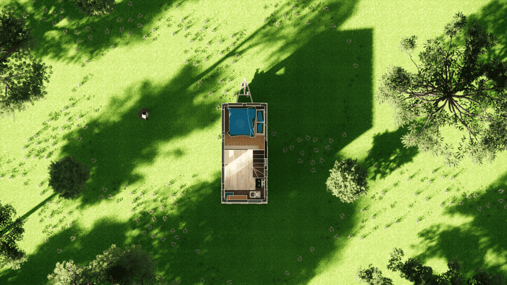 petite tiny house écologique vue du dessus avec mezzanine