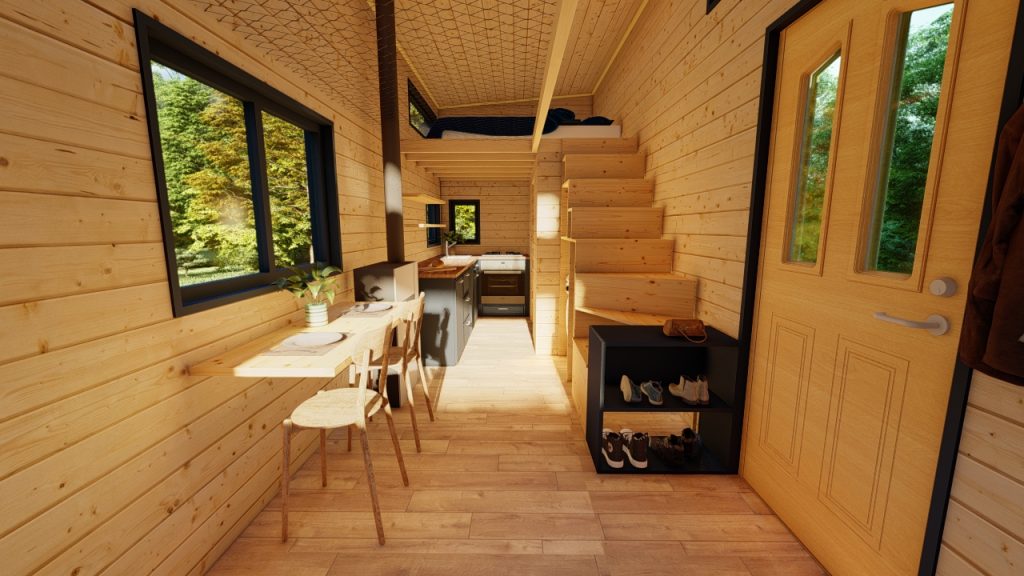 aménagement intérieur avec une mezzanine dans une tiny home
