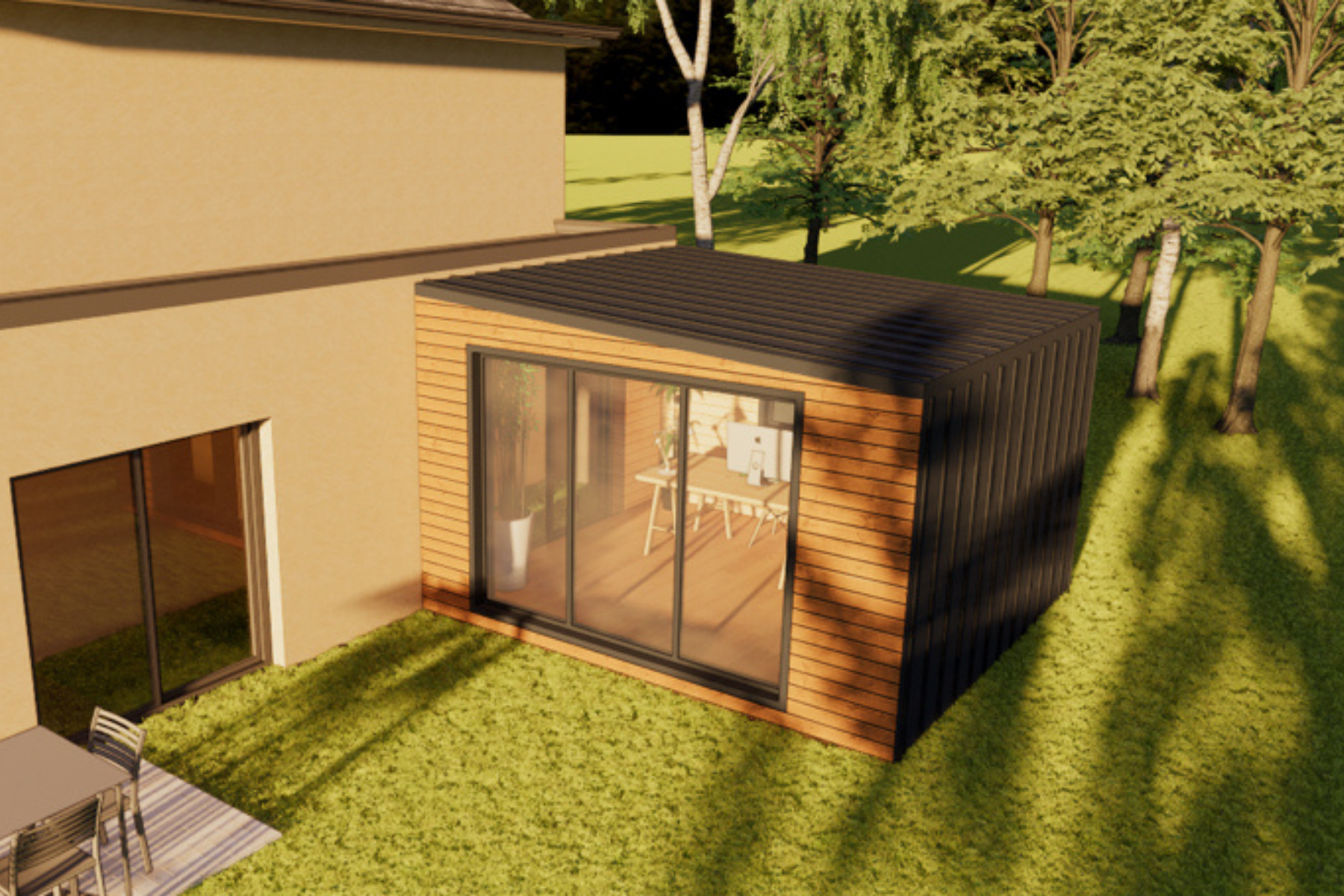 extension maison bois et verre