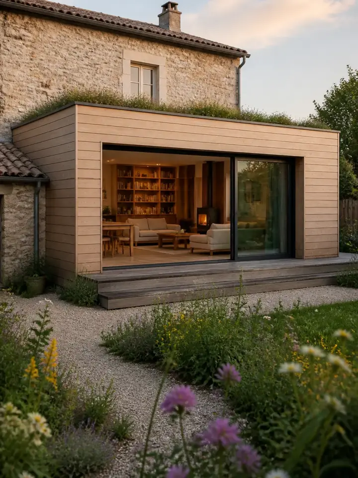 Extension à bardage bois accolée à une maison en pierre, grande baie vitrée sur le jardin