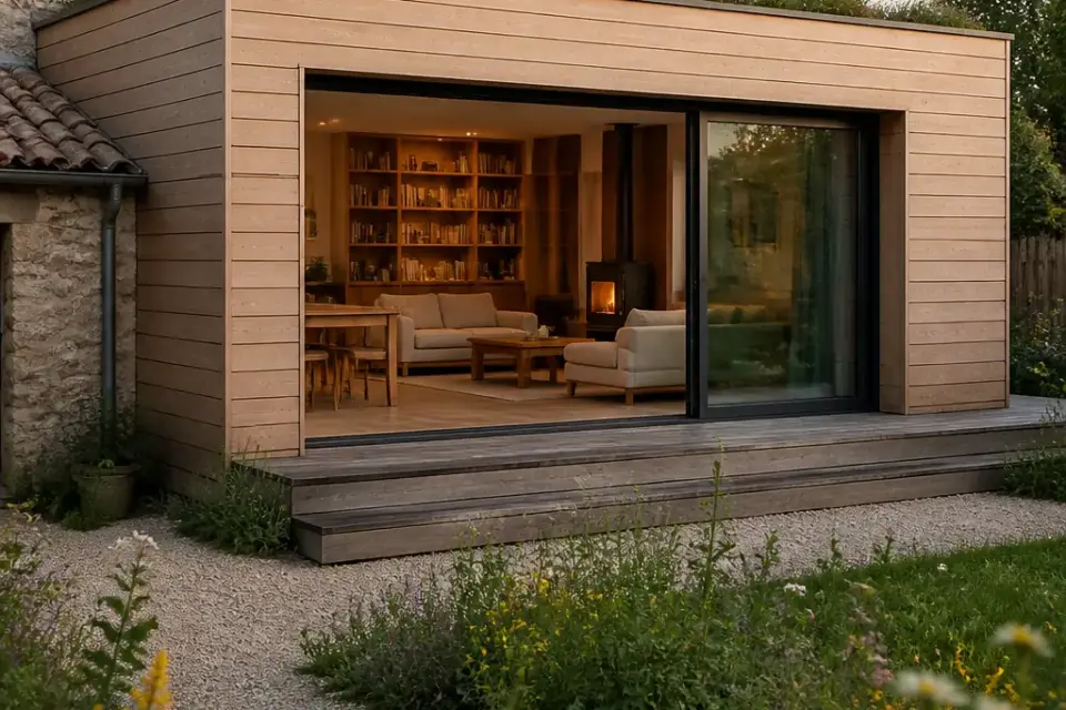 Extension à bardage bois accolée à une maison en pierre, grande baie vitrée sur le jardin
