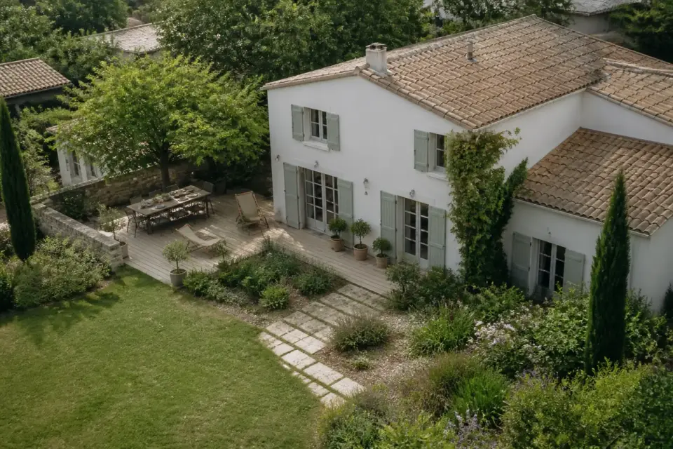 Plan de masse d’une maison vu du dessus, avec limites de parcelle et cotes
