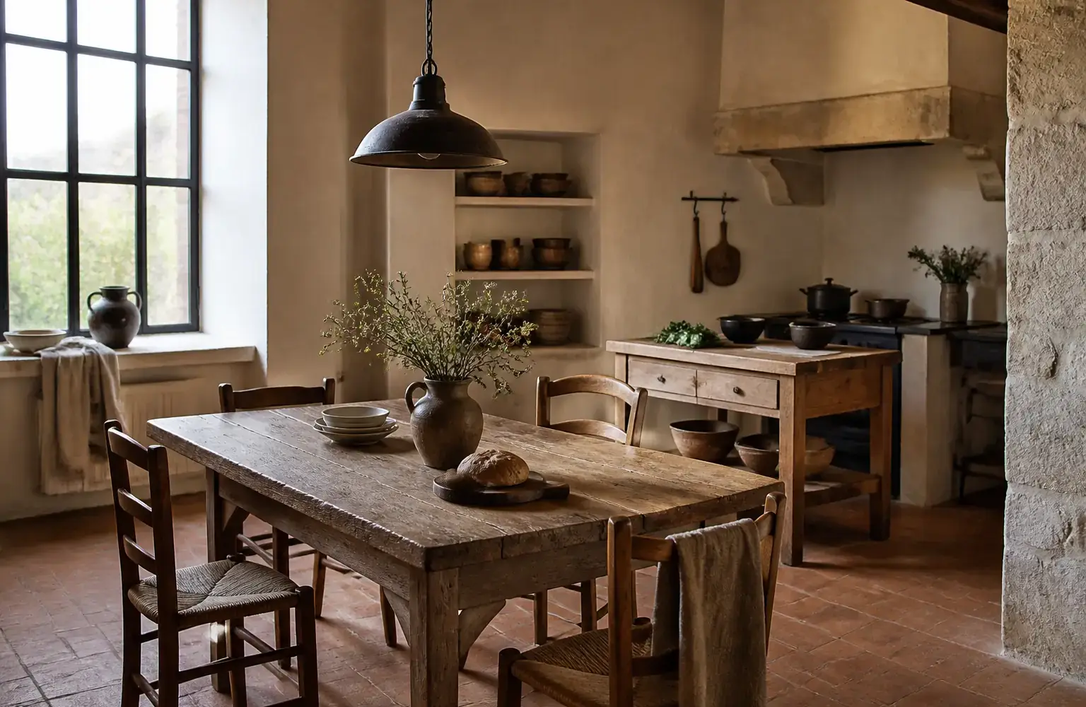 Cuisine de style campagne ferme avec table en bois massif, sol en tomettes et suspension métallique