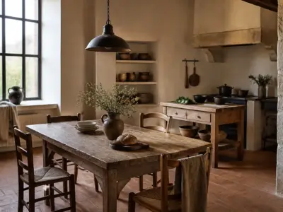 Cuisine de style campagne ferme avec table en bois massif, sol en tomettes et suspension métallique