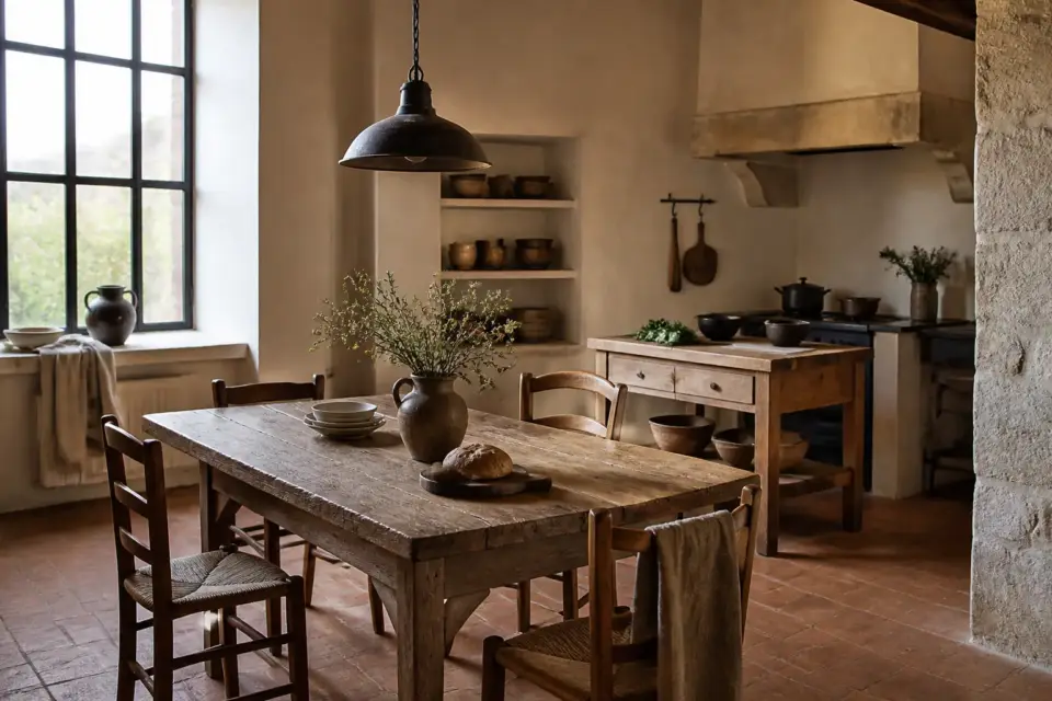 Cuisine de style campagne ferme avec table en bois massif, sol en tomettes et suspension métallique
