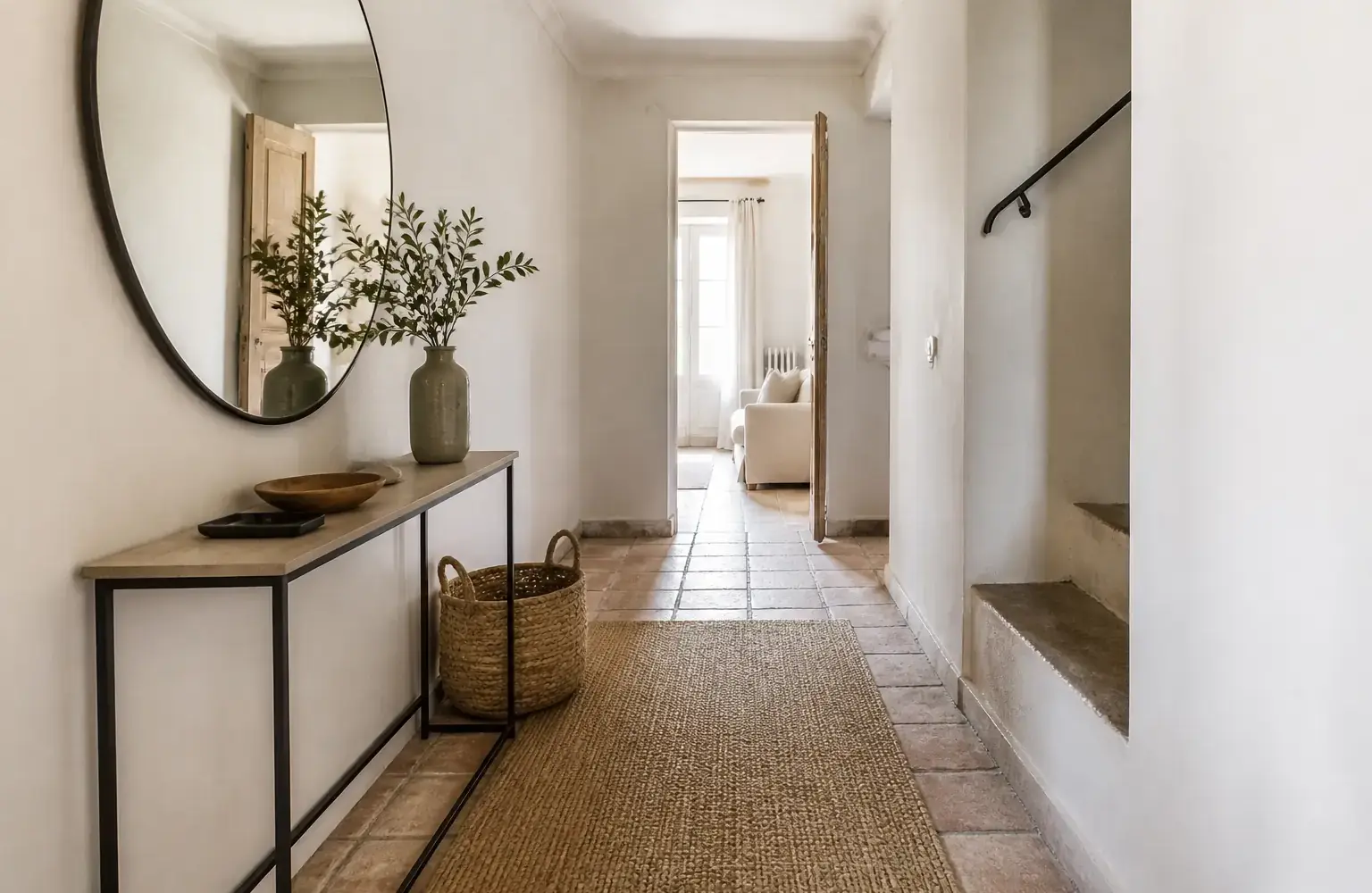 Entrée étroite aménagée avec un banc, un miroir mural et un porte-manteau clair