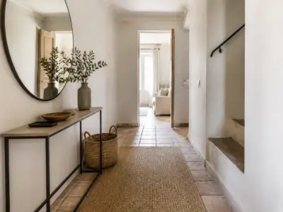 Entrée étroite aménagée avec un banc, un miroir mural et un porte-manteau clair