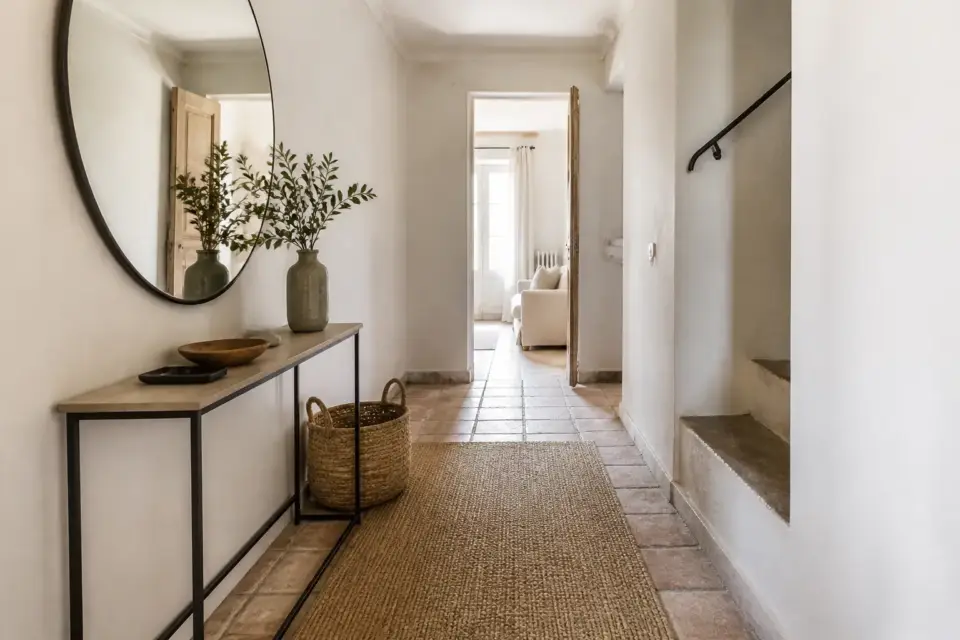Entrée étroite aménagée avec un banc, un miroir mural et un porte-manteau clair