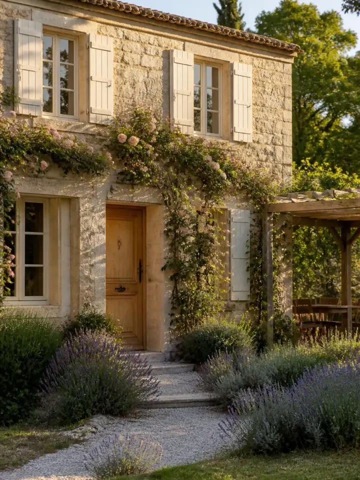 Façade de maison de campagne en pierre, porte en chêne, pergola, lavandes et rosiers grimpants