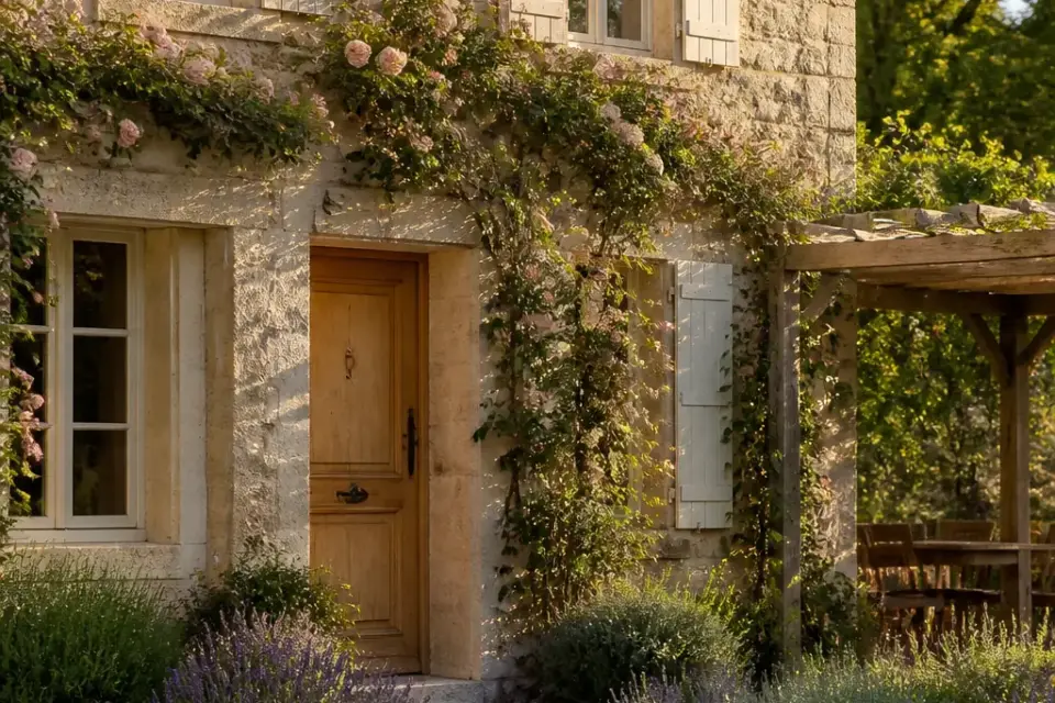 Façade de maison de campagne en pierre, porte en chêne, pergola, lavandes et rosiers grimpants