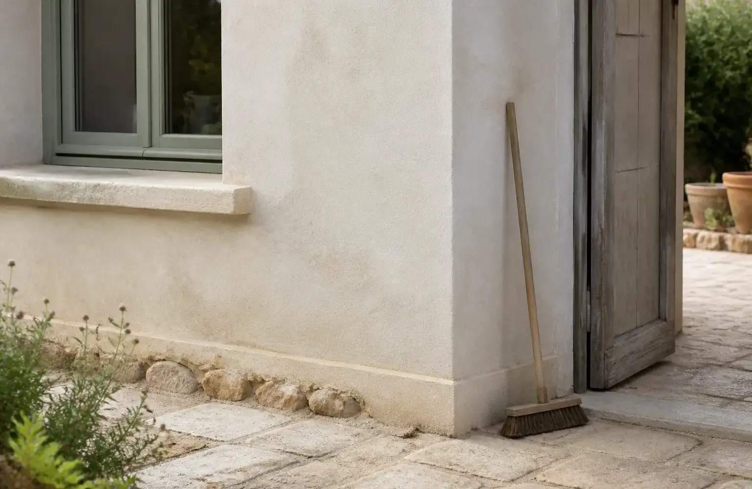 Façade de maison en enduit clair partiellement recouverte de mousse verte, vue en plan serré