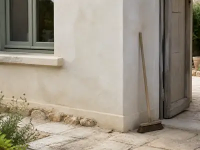 Façade de maison en enduit clair partiellement recouverte de mousse verte, vue en plan serré