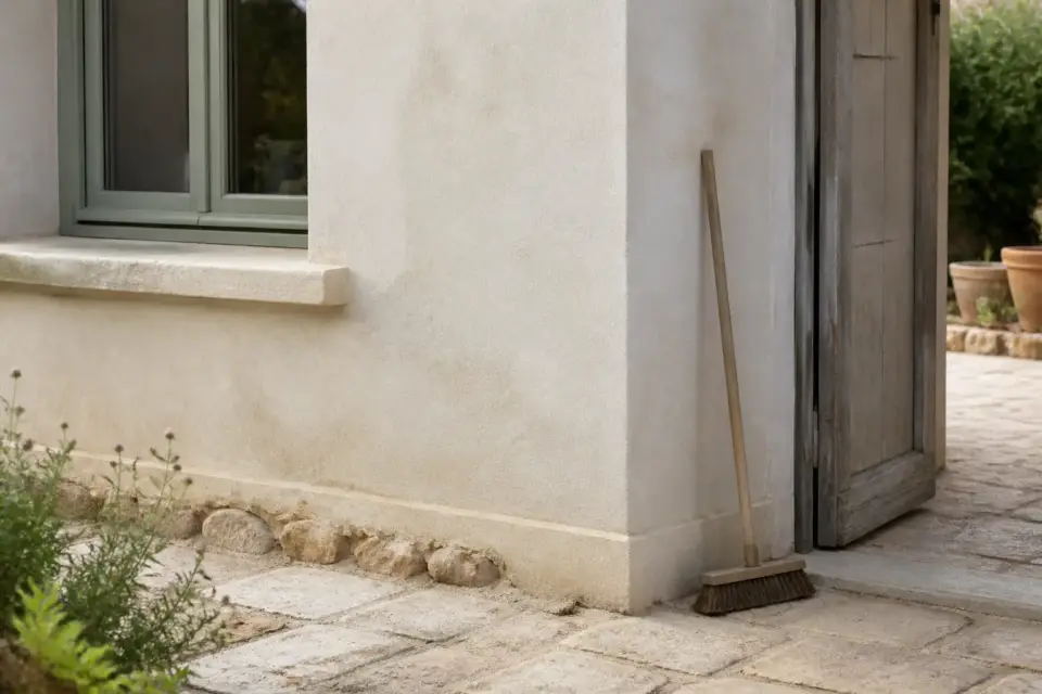 Façade de maison en enduit clair partiellement recouverte de mousse verte, vue en plan serré