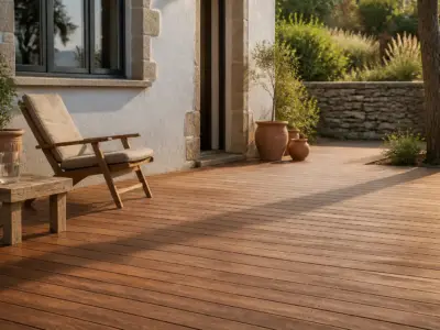 Terrasse en bois extérieur fraîchement protégée, lames brunes sous la lumière du jour