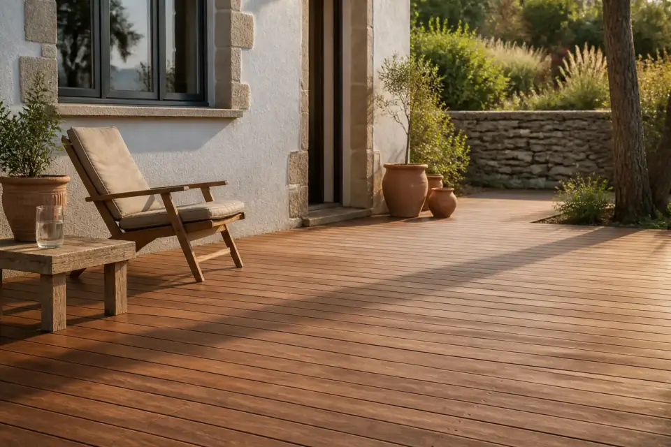 Terrasse en bois extérieur fraîchement protégée, lames brunes sous la lumière du jour