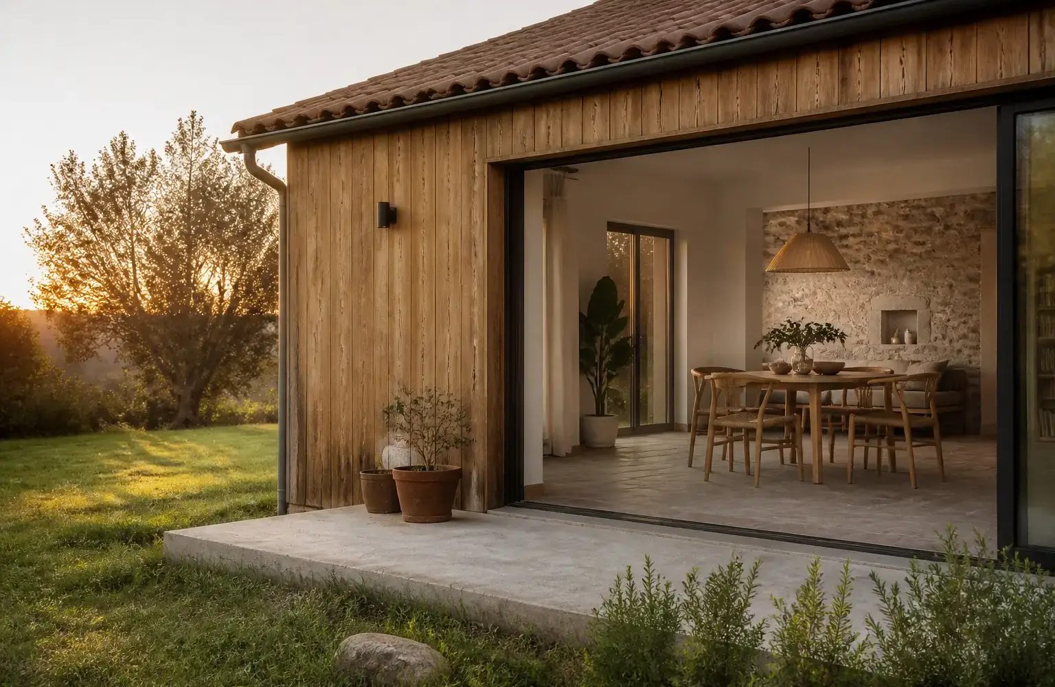 Maison de plain-pied en bois posée sur un terrain plat, vue de côté
