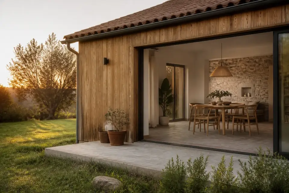 Maison de plain-pied en bois posée sur un terrain plat, vue de côté