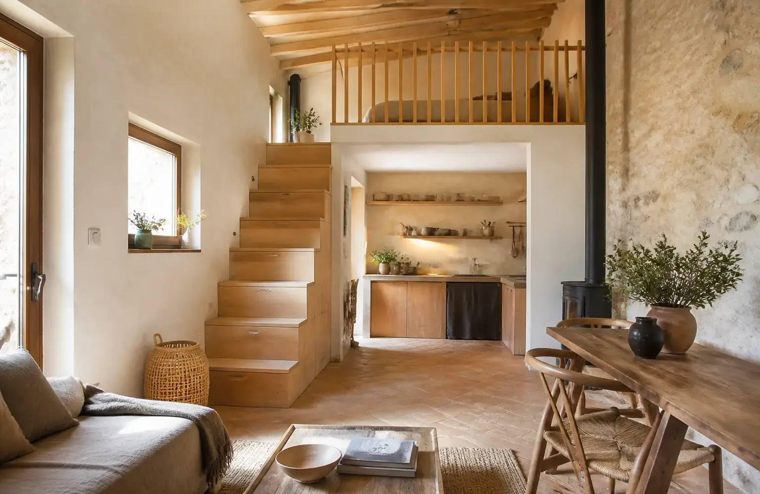 Intérieur lumineux d’une tiny house avec coin salon, cuisine ouverte et escalier menant à une mezzanine