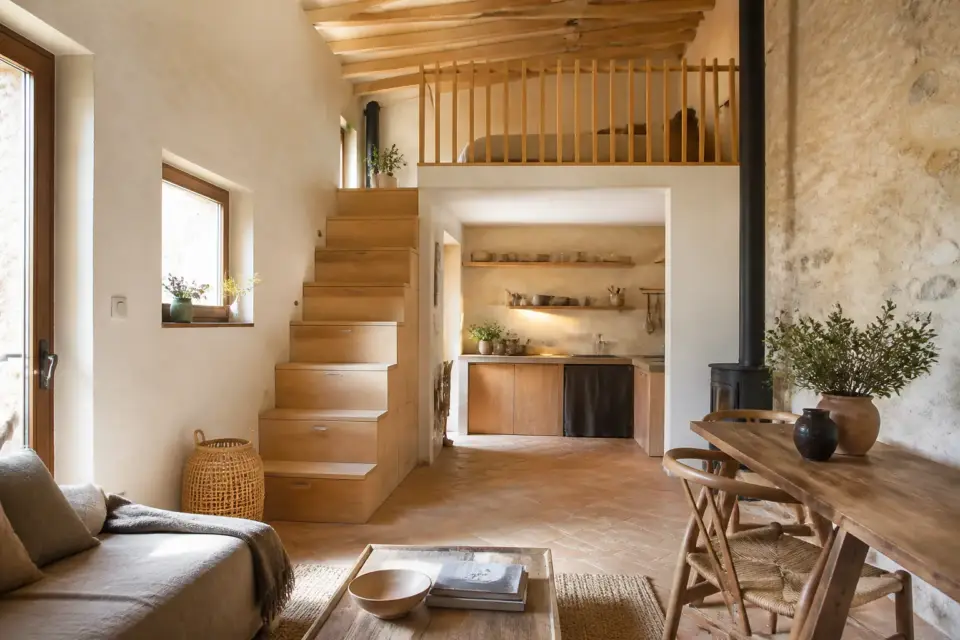Intérieur lumineux d’une tiny house avec coin salon, cuisine ouverte et escalier menant à une mezzanine