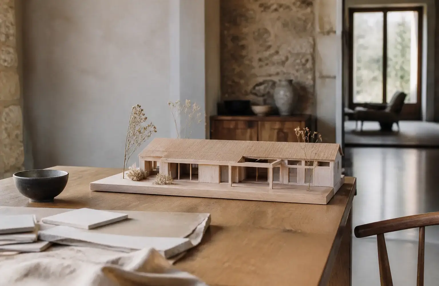 Plan d’une maison en bois de plain-pied posé sur une table avec une règle et un crayon