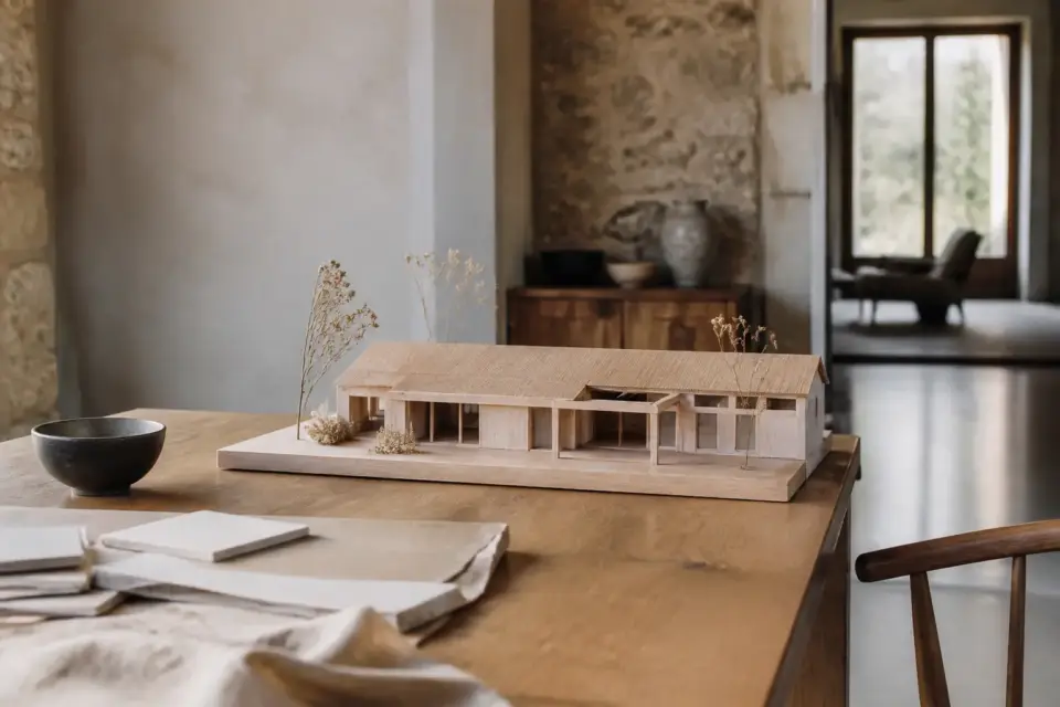 Plan d’une maison en bois de plain-pied posé sur une table avec une règle et un crayon