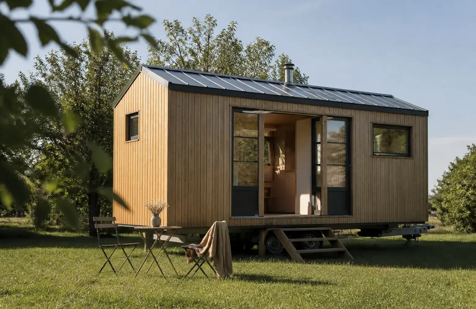 Petite maison en bois posée sur une remorque dans un terrain herbeux, sans personne