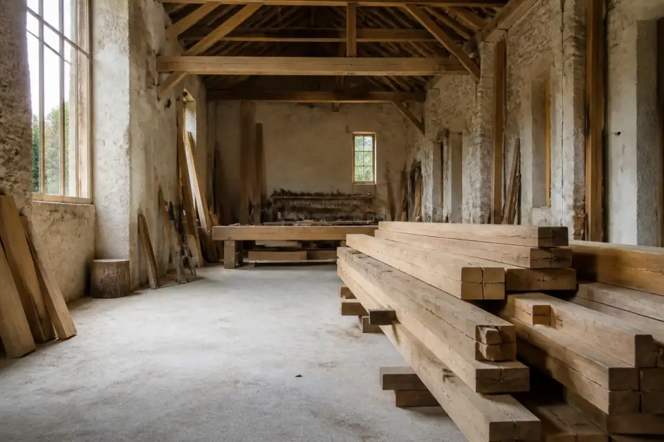 Ouvrier vérifiant des planches de bois dans un atelier de construction