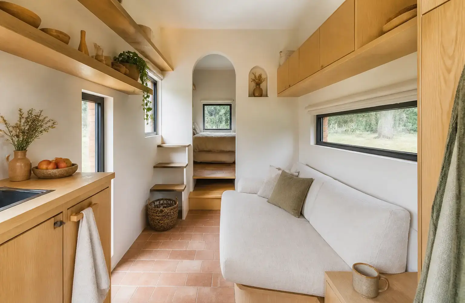 Intérieur compact d’une micromaison aménagée avec du mobilier simple et lumineux