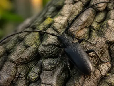 Grand coléoptère noir au corps allongé et aux longues antennes posé sur un tronc de chêne