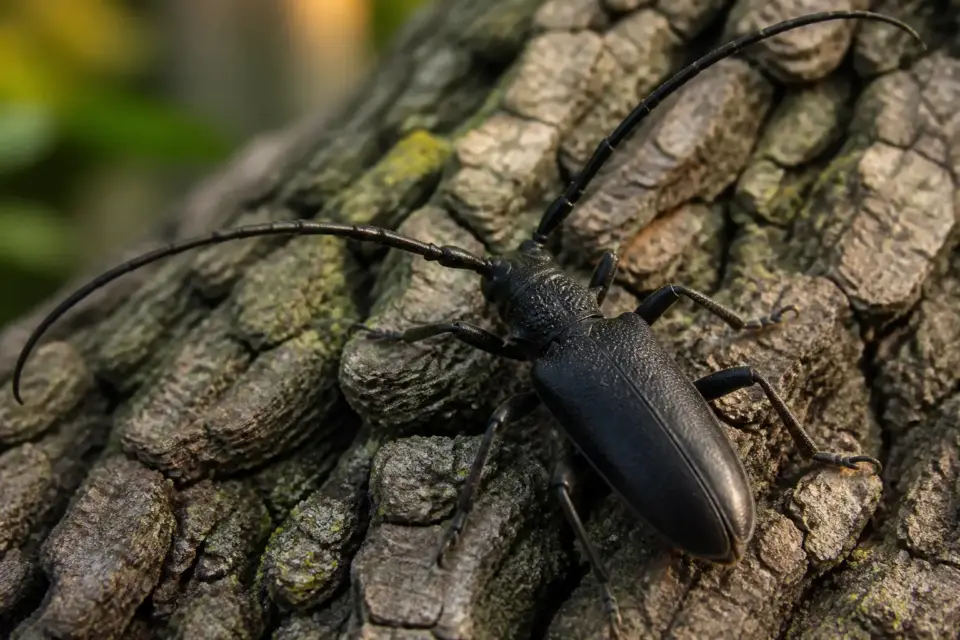 Grand coléoptère noir au corps allongé et aux longues antennes posé sur un tronc de chêne