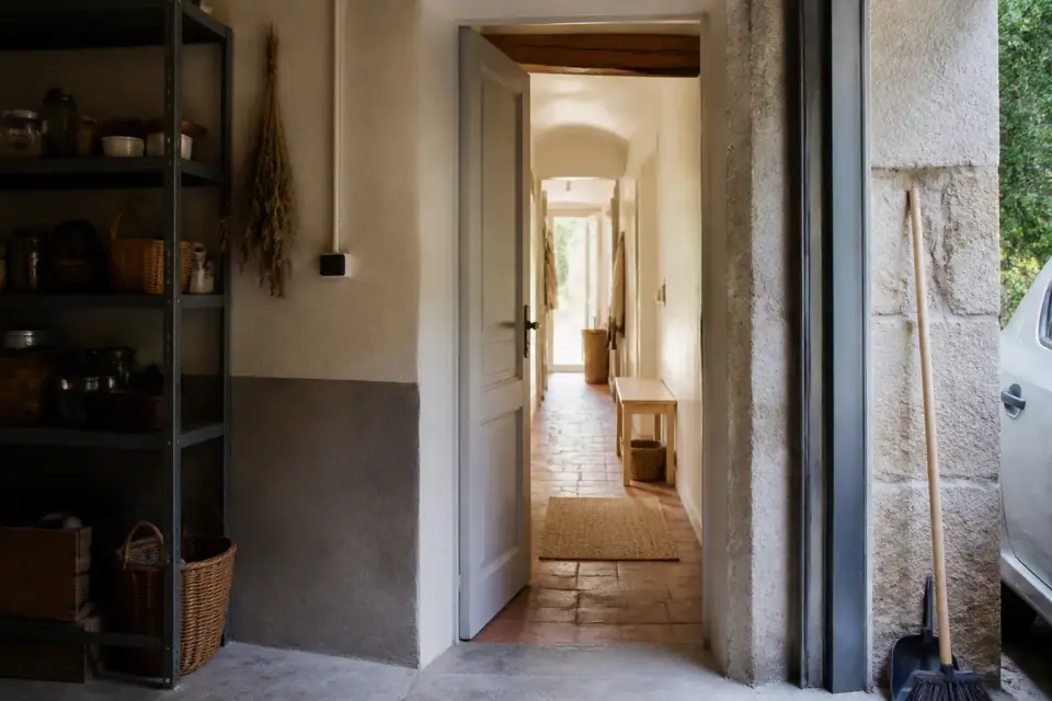 Porte de service entre un garage et un couloir de maison, vue de face, lumière naturelle