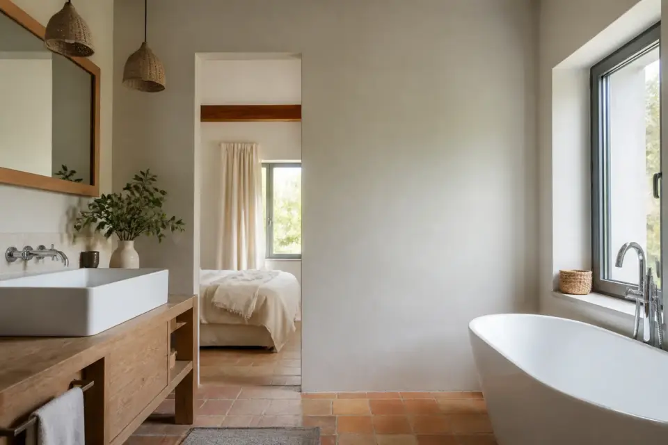 Salle de bain rénovée avec un mur recouvert d’un revêtement uni clair
