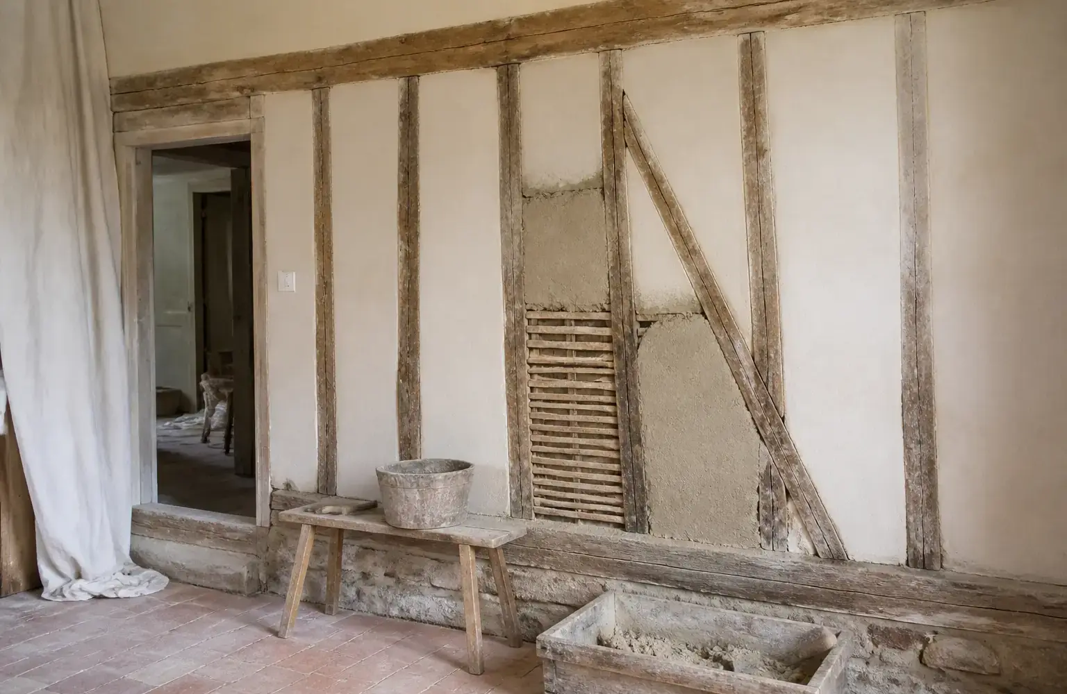 Mur en pan de bois dont le remplissage en torchis est visible, en cours de réparation